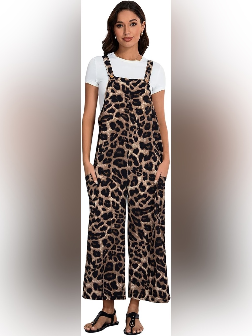 New Amazon Leopard Print Oversized Bib Cropped Wide Leg Overalls